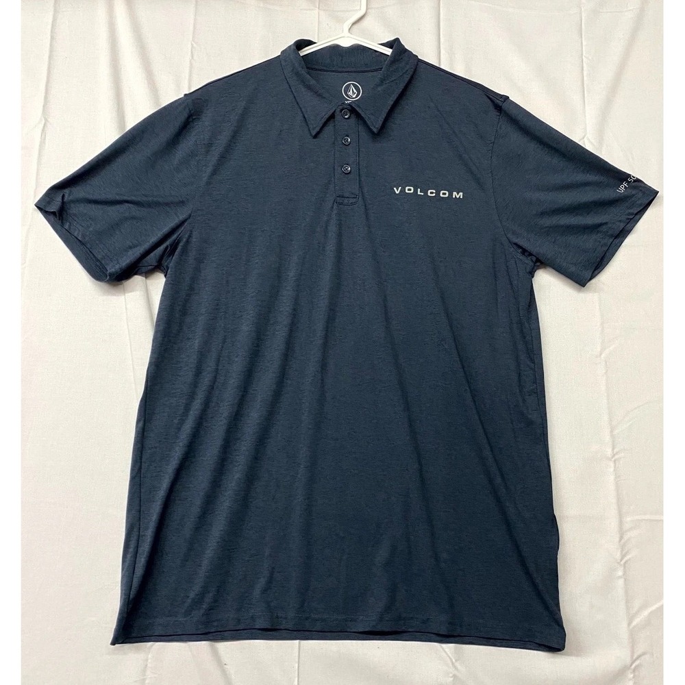 Volcom UPF 50 Polo Shirt Mens Large Navy Blue Stretch Spellout Logo Golf Tennis